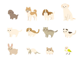 ペット　動物のベクターイラストセット　犬、猫、兎、小動物