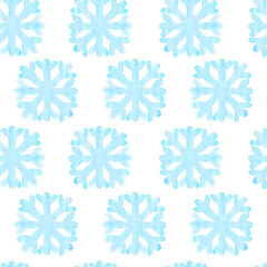 Seamless pattern with watercolor snowflake on white background 