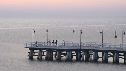Wooden Pier on Baltic Sea in Gdynia Poland at Sunrise Minimalistic View