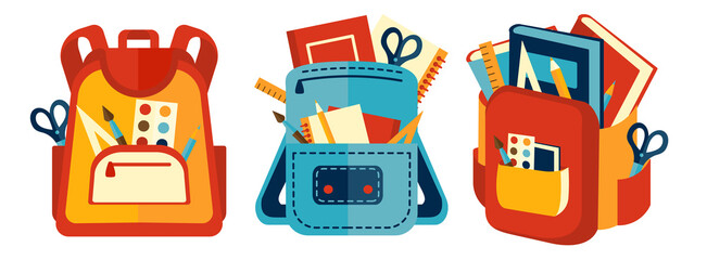  School backpack. Education, study back to school concept,  vector illustration. Student satchels with equipment. Kids school bag with education supplies.