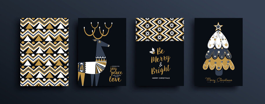 Christmas New Year gold folk deer pattern card set