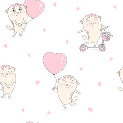Seamless pattern with cute cats with ballon in the shape of a heart. For packaging, greetings, parties. Colorful vector illustration for Valentine's day.