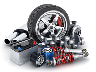 Wheel and many other car parts on white background - 392269115