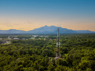 High angle view of tower on landscape against sky