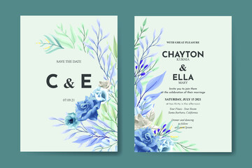 Fototapeta na wymiar Wedding invitation template with blue rose flower set 