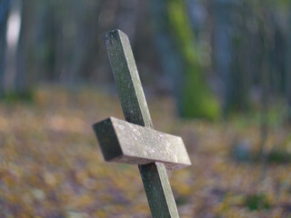 Old Wooden Crucifix on Forgotten Grave in Cemetery Deep in the Woods