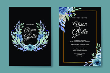 Wedding invitation template with blue rose flower set
