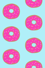 Seamless pattern with donuts on blue board. Cute sweet food baby background. Colorful design for textile, wallpaper, fabric, decor. Design for packaging, banner, poster, menu in the bakery