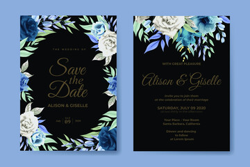 Naklejka na ściany i meble Wedding invitation template with blue rose flower set 