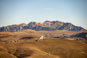 Lessinia Plateau (Altopiano della Lessinia) and the Carega Mountain, called the small Dolomites, view from the peak of Corno d'Aquilio, Verona province, Veneto, Italy, Europe. 
