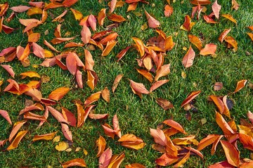 autumn foliage on green grass for natural backgrounds and wallpaper