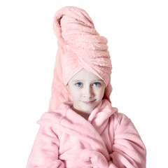 a little girl with blue eyes in a pink robe and a pink towel on her head after a bath smiles and looks into the frame. photo isolated on a white background. square