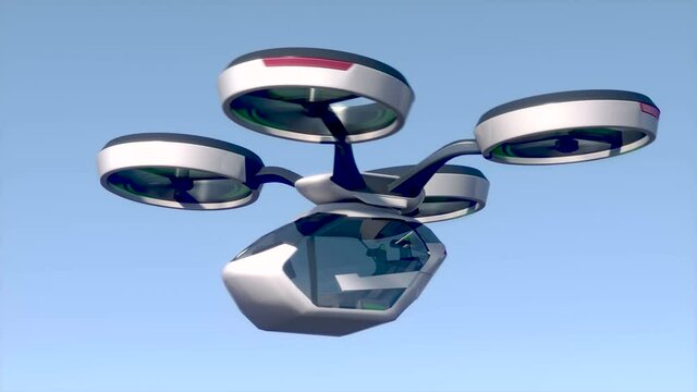 An Unmanned Passenger Air Taxi Flies Over The Sea. The Concept Of The Future Driverless Taxi. 3D Rendering Of Animation.