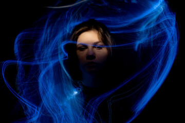 light painting portrait, new art direction, long exposure , light drawing at long exposure