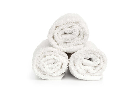 Towels, Close up of rolled white and blue fluffy towels, beauty