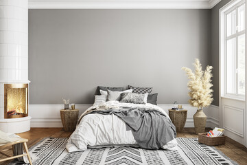 White gray bedroom interior with fireplace carpet, dry plants and decor. 3d render illustration mock up. - obrazy, fototapety, plakaty