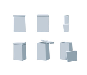 Carton Open and Closed Recycling Boxes Set. Cartoon Style Illustration Delivery Packaging. Flat Graphic Design Forwarding Clip Art. Vector Collection Mockup Isolated on White Background