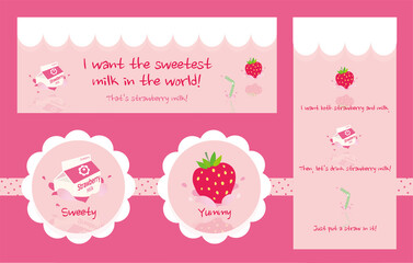[Vector] Strawberry milk banner, sticker, label design templates, background