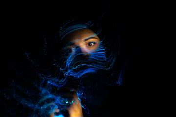 light painting portrait, new art direction, long exposure , light drawing at long exposure