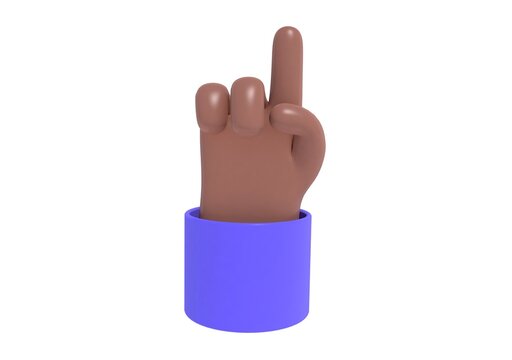 3D render, plastic cartoon afroamerican hand with index finger. Indicating, showing something above. Hand gesture.