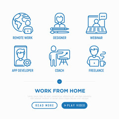 Work from home thin line icons set: freelancer, app developer, webinar, copywriter, web designer, coach. Vector illustration.