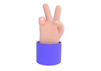 3D render, plastic cartoon caucasian peace hand gesture. OK, victory, success.
