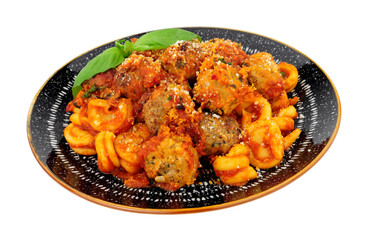 Beef and pork meatballs Al Forno with trulli pasta in tomato sauce meal isolated on a white background