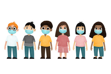 Illustration of different ethnicity boys and girls wearing protective masks during coronavirus pandemic.