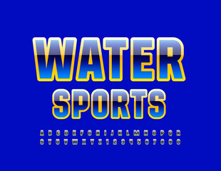 Vector bright sign Water Sports. Blue and Yellow shiny Font. Modern Alphabet Letters and Numbers set