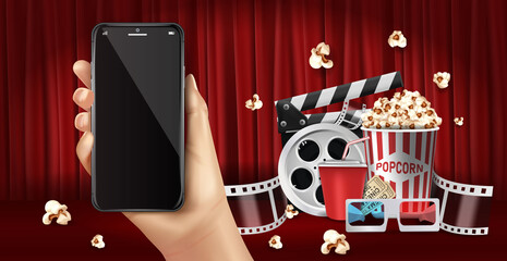 Watch movies online Through a mobile phone. Soft drinks with popcorn and film-strip cinematography concept. Eps10 realistic vector illustration.