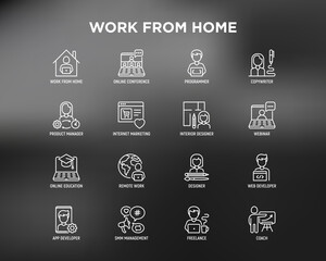 Work from home thin line icons set: online conference, freelancer, online education, programmer, developer, copywriter, web designer, product manager, internet marketing. Vector illustration.