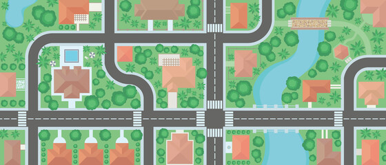 Wide aerial view neighborhood map cartoon vector, residential area from above, river crossing town illustration