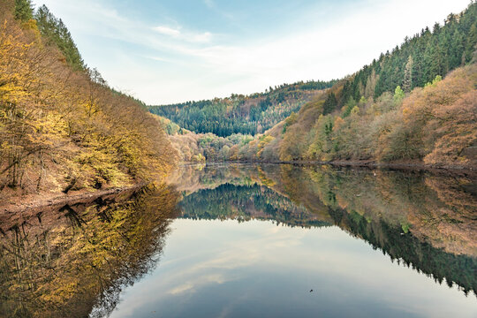barrage small Drohn in Leiwen. Germany with reflection of forest