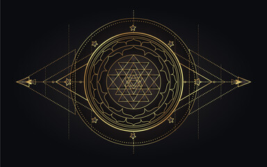 Moon magic. Triple moon pagan Wicca moon goddess symbol. Three-faced Goddess. Maiden, Mother, Crone vector illustration. Tattoo, astrology, alchemy, boho and magic symbol golden over black.