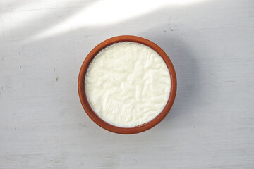 Dairy Organic Product Fresh Healthy Yogurt in Clay Dishes Top View