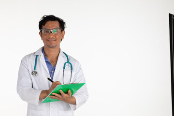Fototapeta premium Asian medical doctor wearing gown and stethoscope standing on white background copy space isolated.