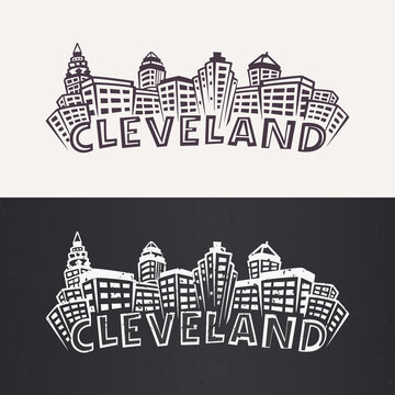 Cleveland Skyline silhouette. Day and night versions in black and white 