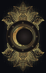 Moon magic. Triple moon pagan Wicca moon goddess symbol. Three-faced Goddess. Maiden, Mother, Crone vector illustration. Tattoo, astrology, alchemy, boho and magic symbol golden over black.