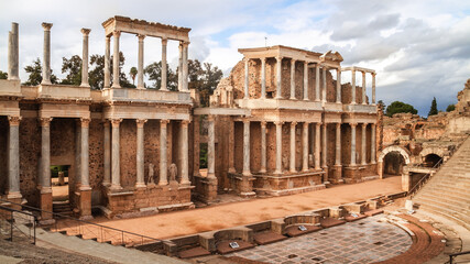 Roman Theater of Mérida , Spain . Roman historical monument view 2020 - obrazy, fototapety, plakaty