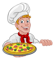 A chef holding a plate of pizza peeking over a sign cartoon