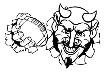A devil or satan American football sports mascot cartoon character holding a ball