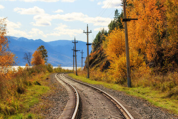 railroad rails autumn landscape, lake baikal russia