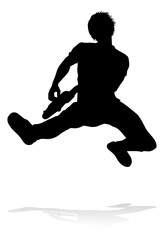 A guitarist musician in detailed silhouette playing his guitar musical instrument.