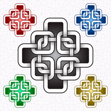 Cruciform logo template in Celtic knots style. Stylish tattoo symbol. Silver ornament for jewelry design and samples of other colors.