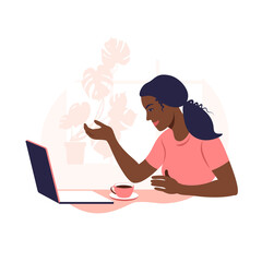 African woman works and communicates on a laptop computer, sitting at a table at home with a Cup of coffee and papers. Vector illustration. Flat.