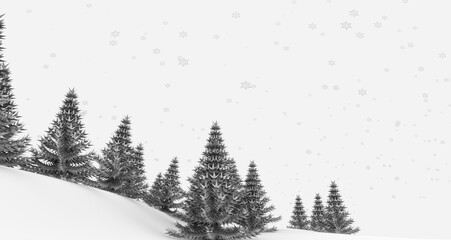 Fototapeta premium Ilustración de un paisaje de árboles estilo abeto en blanco y negro, con nieve y nevando. Fondo textura