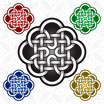Cruciform flower logo template in Celtic knots style. Tribal tattoo symbol. Silver ornament for jewelry design and samples of other colors.