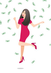 Cartoon character with Happy businesswoman jumping surrounded by green money bills falling on white background. Successful business concept vector