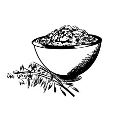 Oats bowl sketch. Oatmeal porridge bowl with grain