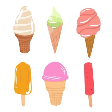 Vector tasty collection of colorful ice cream isolated on white background. Hand drawn illustration set of different ice cream.
